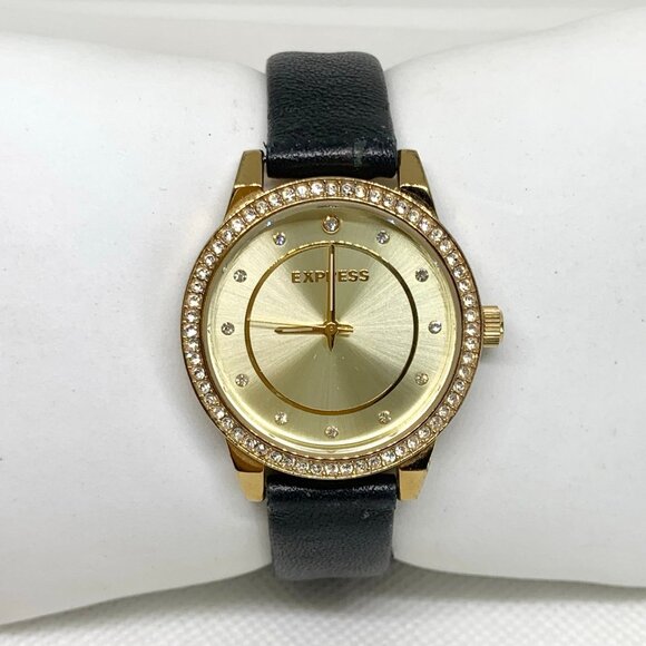 Express women gold tone watch rhinestones 31mm round case quartz analog running - Picture 1 of 7